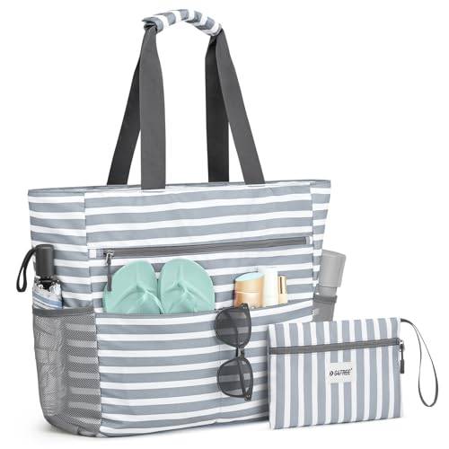 G4Free 35L Strandtasche XXL Familie & Badetasche Faltbar Groß/Wasserdicht/Leicht für Shopping Strandurlaub und Schwimmbäder, Graue Streifen