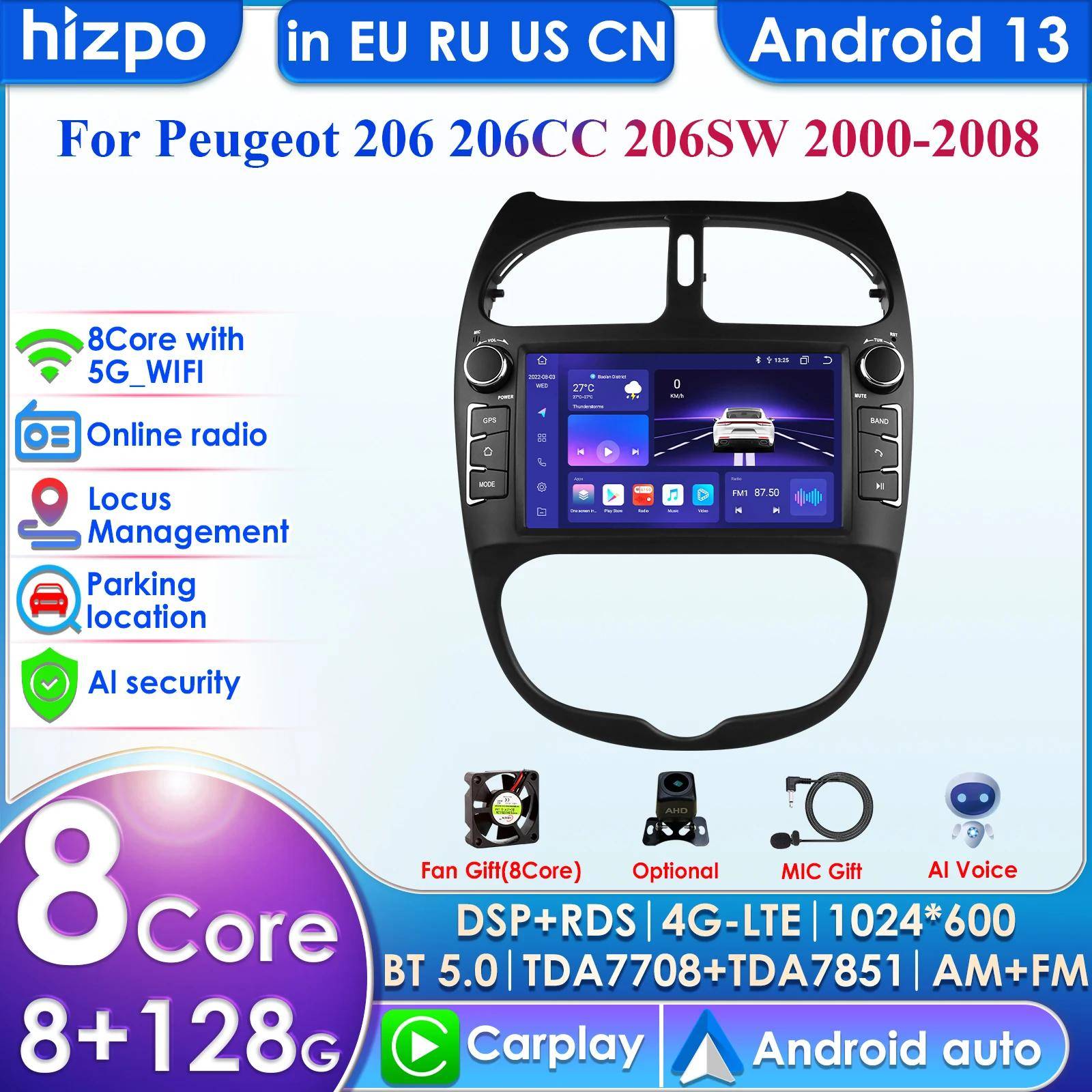 Hizpo Intelligent 7-tums Android Bilradio för Peugeot 206 206SW 206CC Bilstereo Skärm Multimediaspelare Carplay Ljud 2DIN Huvudenhet 2000 - 2008
