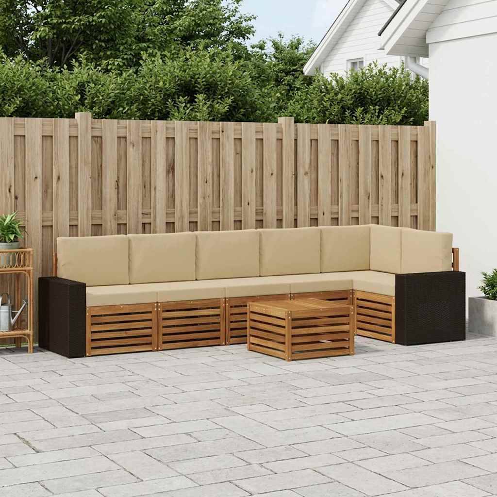 vidaXL Sektionalsofa sæt 7 pcs Naturlig og Beige Massivt Akacietræ
