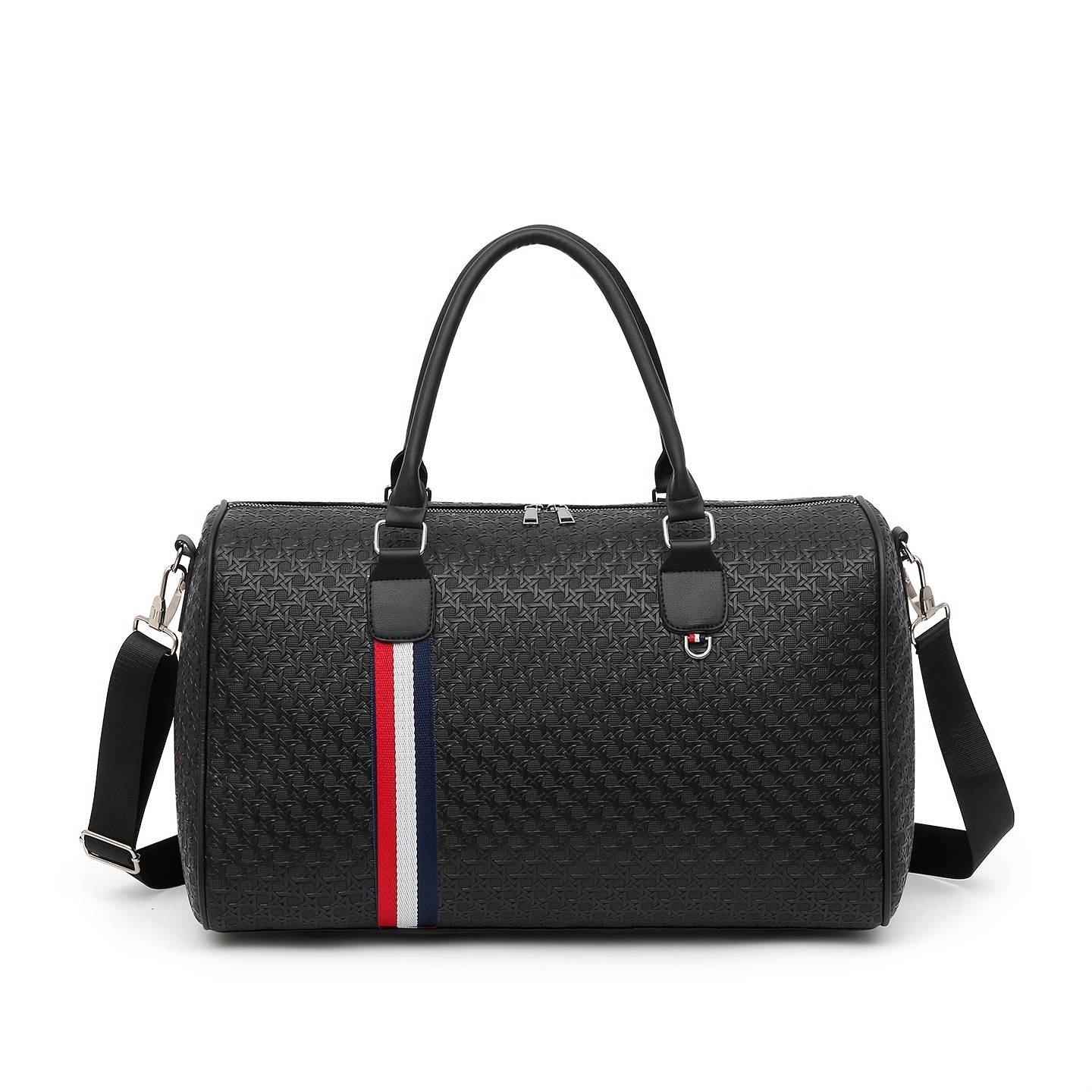 Large Capacity Travel Duffle Bag, Black Woven Pattern, Top Handle & Crossbody 2-in-1, Unisex Carry On Weekender Overnight Bag, Stylish Tote, Perfect Gift For Travel Sports