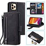 UEEBAI Plånboksfodral för iPhone 12 iPhone 12 Pro 6,1 tum, retro 9 korthållare fack dragkedja ficka handväska fodral PU-läder magnetisk stängning ställ med handledsrem TPU stöttåligt folio fodral –