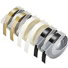 6 stycken 9 mm 3D-tejp självhäftande präglingstejp präglingstejp kompatibel med DYMO Omega & Motex etikettprägling 9 mm x 3 m vit på svart/vit på genomskinlig/vitt på guld