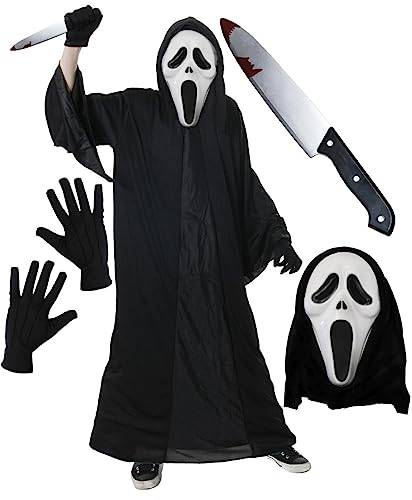 Skrikarmask för vuxna halloween kostymset – skrämmande film maskeraddräkt – svart rock + falsk kniv + mask + handskar (XX-Large)