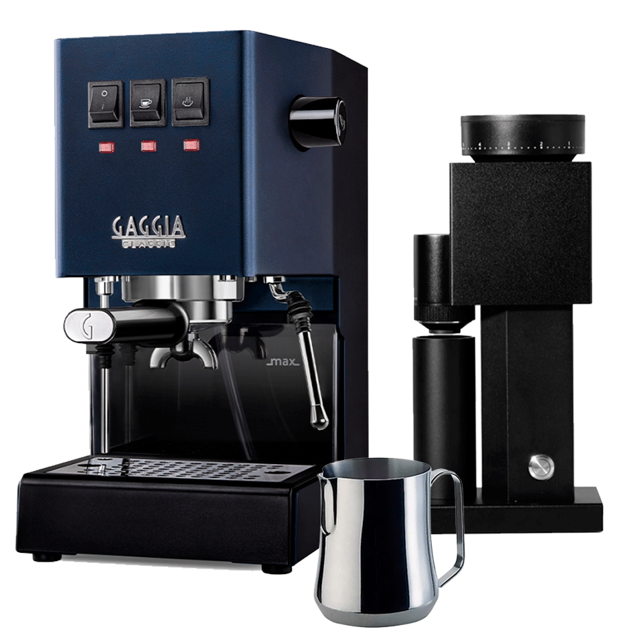 Gaggia Classic E24 Blå Espressomaskine Inkl. Timemore Bricks Kværn 01S & Motta Aurora Kande 0,35L