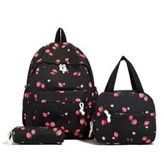 Strawberry Print Three Pieces Backpack Set, Including A Backpack, A Handbag, And A Pencil Case, Meets Your Multiple Usage Needs. The Black Is Printed - Black