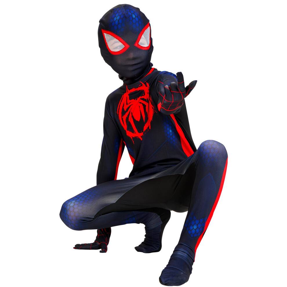 (10-12 Years) IKALI Kids Superhero Costumes, Spider Miles Jumpsuit with Mask for Boys Bodysuit Outfit Party Cosplay Clothing 3-12 Years
