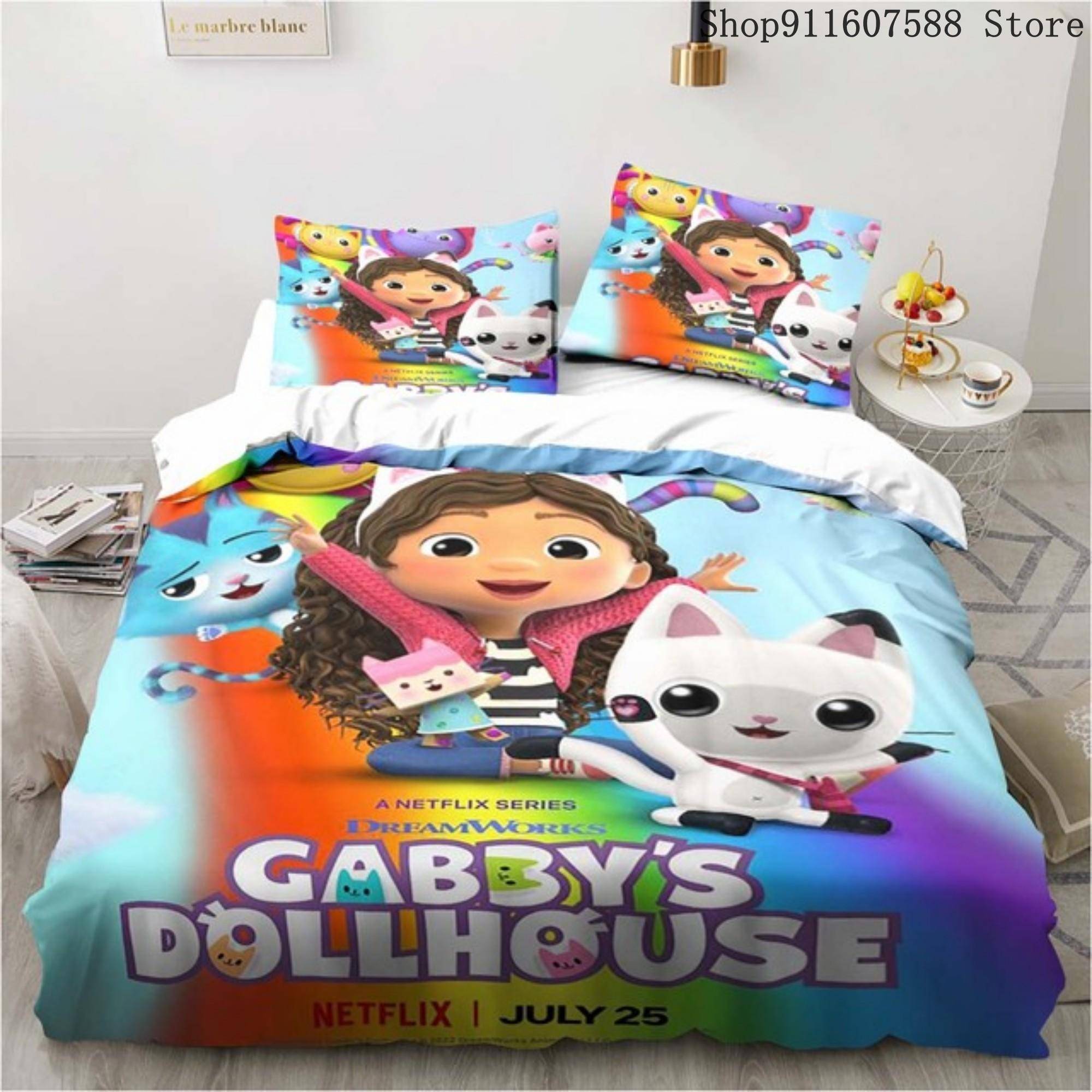 Gabbys dockhus Sängklädesset Kawaii Sänglinneset Enkel Dubbel Storlek Heminredning För Flickor Barn Tecknad Söt Katt Påslakanset EU Single135x200cm