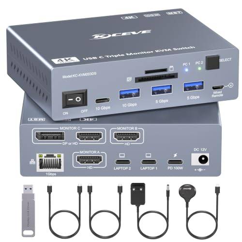 Thunderbolt 4 KVM Switch 3 Monitor 2 Laptop 4K@60Hz, DisplayLink USB-C Dockningsstation med KVM Funktion, lämplig för Mac utbyggnad med 3 skärmar, Power Delivery 100 W, USB 3.2, SD/TF, 1 Gbit Ethernet
