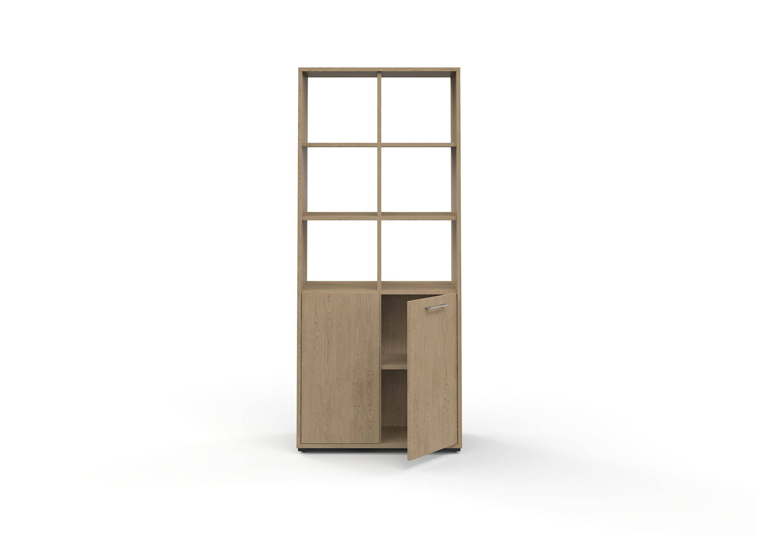 JIVE VERSO - DYBDE 42 cm 5 rum høj rumdeler tilgængelig fra begge sider med en løs hylde bag 2 rum høj låge - på begge sider Decor laminat - Eg Høje b.