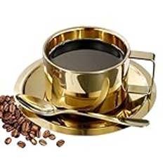 Kaffekoppsset i rostfritt stål, metall kaffemuggar med sked och fat, 200 ml dubbla väggar isolerade tekoppar, europeisk stil kaffemugg, espressomuggar, för kalla drycker eller varm dryck (guld)