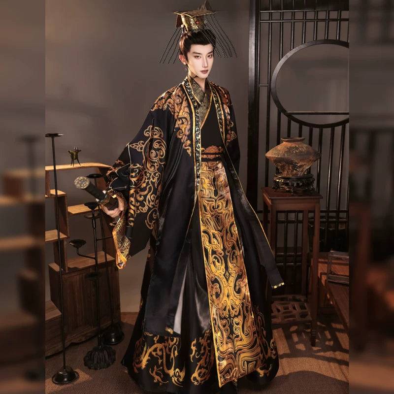 Qin-Inspired Emperor Hanfu Robe Costume | Sets & Crown Options - Black & Gold Set - No Crown / 2XL (2XL)