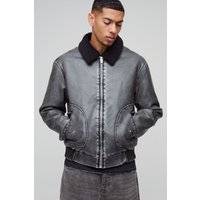 Mens Black Detachable Borg Collar Aviator Bomber Jacket