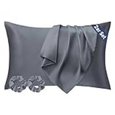 Seiwohl 4 Pack Set: 2x Satinkuddfodral 50x70cm + 2x Hårsnodd | OEKO-TEX®-certifierad | Mjuk & Skimmer som siden | Hårskydd | Maskintvättbar | Kuvert | Mörkgrå