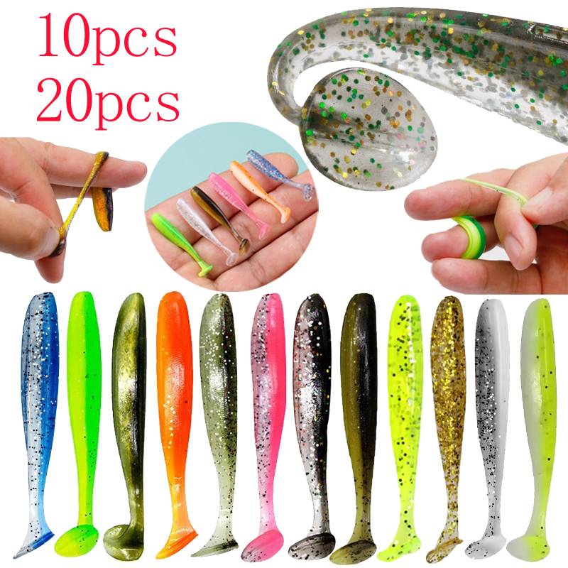 10/20pcs Fishing Lure T Tail Worm Soft Bait Jigging Wobblers Tackle Bass Pike Artificial Silicone Swimbait 55mm 7mm 9mm 12mm