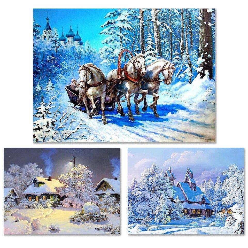 Gör-det-själv 5D-diamantmålning Vinterhuslandskapssats Full borrbroderi Snömosaikkonst Bild av Rhinestones Heminredning