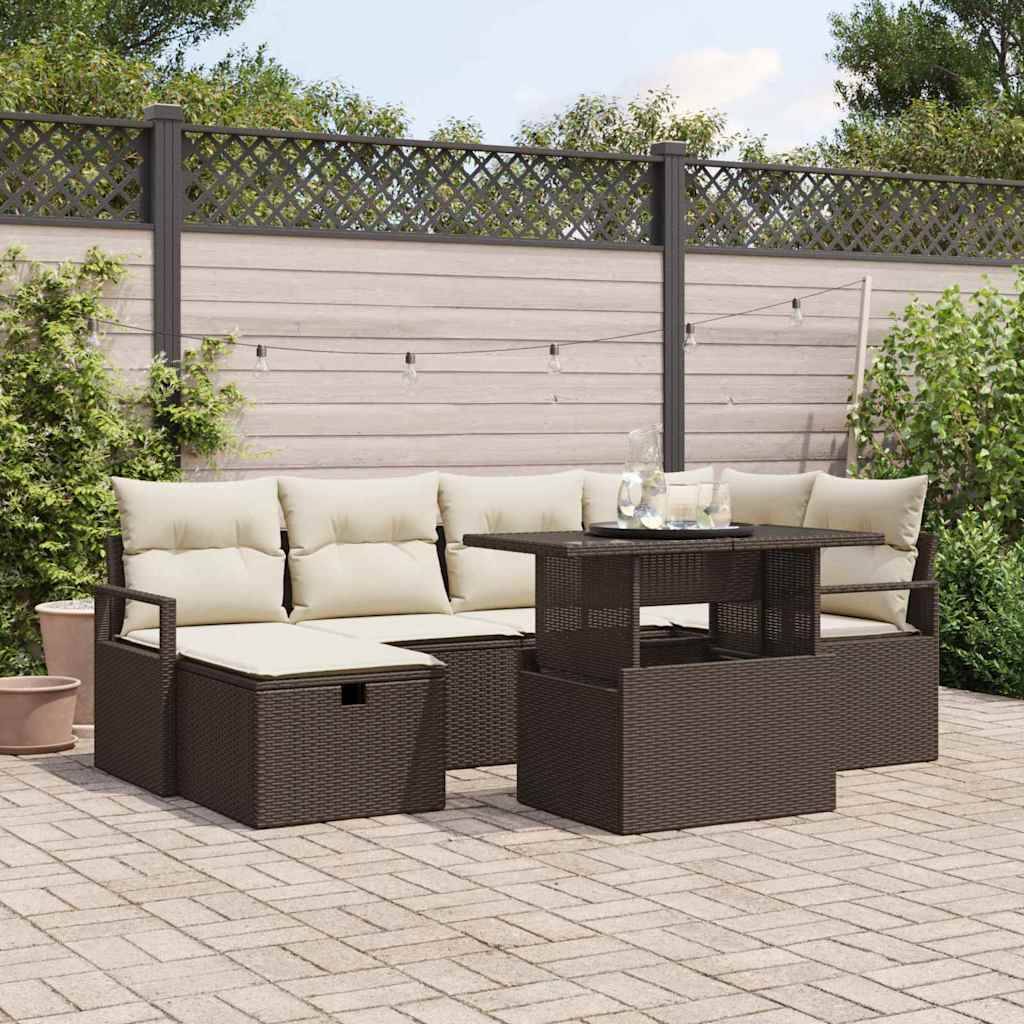 vidaXL Trädgårdsoffset med kudde med lagring 7 pcs Brun Poly rattan