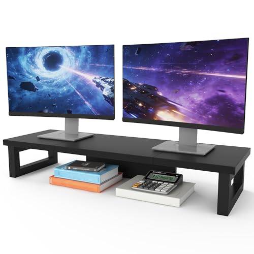 OYRREU Bildschirmerhöhung 2 Monitore, 91x26cm Monitor Erhöhung Schreibtisch Monitorständer Schwarz Computer Monitor Stand, Monitor Riser TV PC Bildschirm Computer Ständer