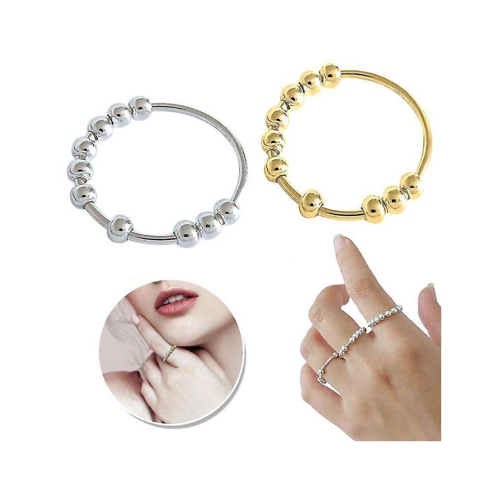 (Small, Silver) Rotatable Beaded Finger Ring For Anti-stress Ring Relieve Anxiety Gift Tw