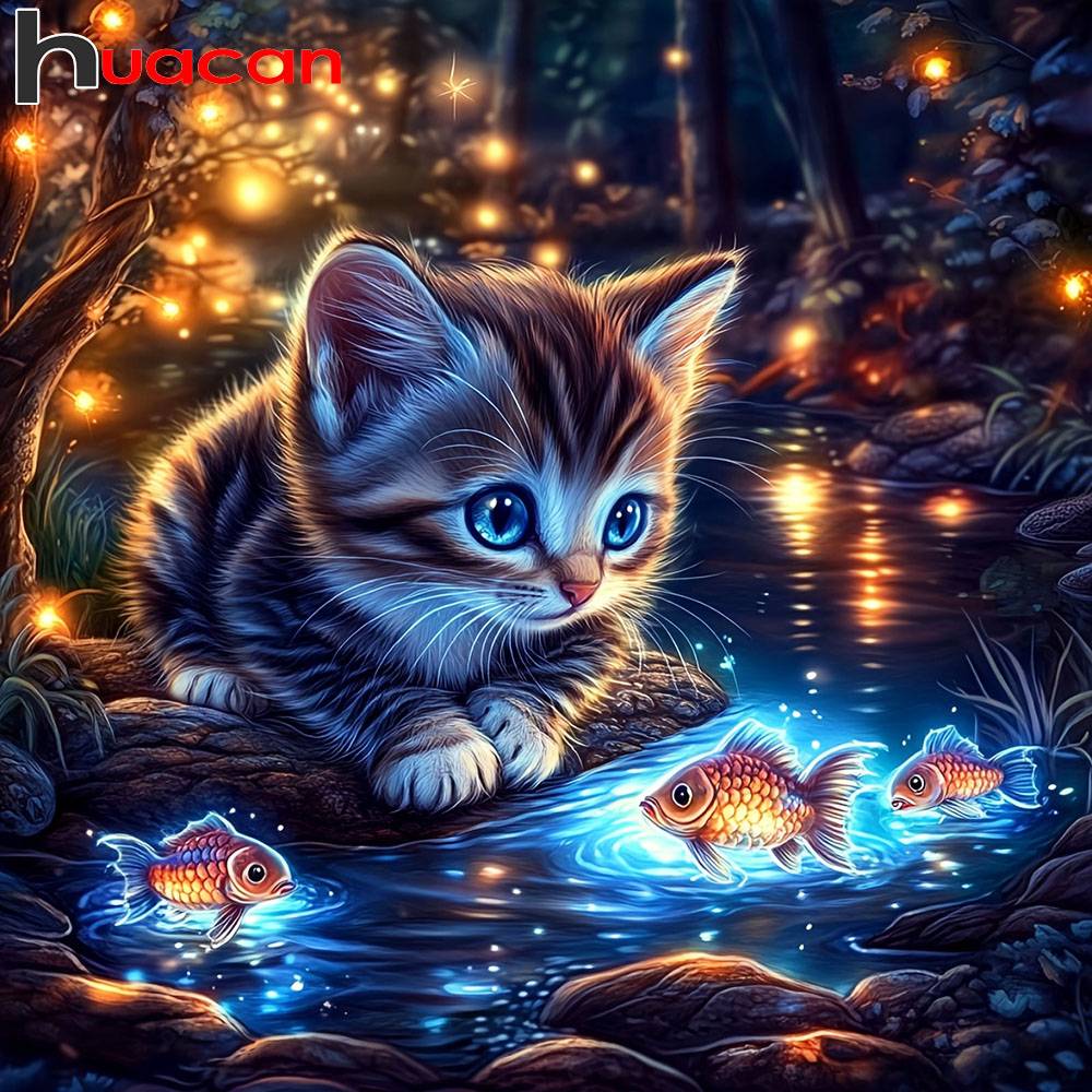 Huacan Full Square Round Drill Diamond Painting Cat Fish Diamond Mosaic Animal Landscape Kit Home Decoration