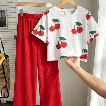 2 st/set flickor blommig t-shirt med heltäckande tryck och högmidjade texturerade byxor med vida ben - Röd (8Y,9Y,10Y,11Y,12Y)