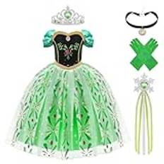 Aomig Elsa kostym, 5 st Anna Princess Dress Up för tjejer, Elsa Princess kostym med Fairy Wand, Crown Tiara, Handskar, Halsband, Fancy Dress för Cosplay Party Halloween Jul Rollspel Maskerad