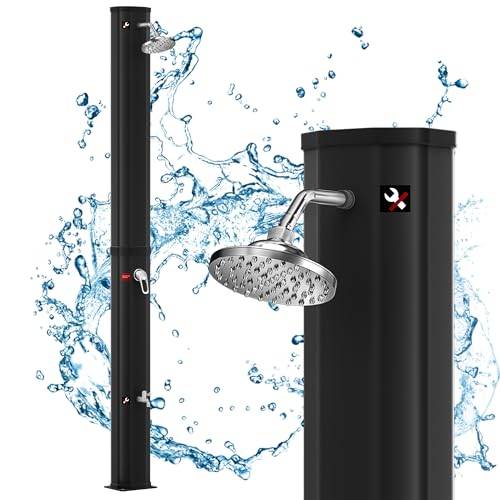 UISEBRT Soldusch, 35 liter, soluppvärmd trädgårdsdusch, varmt vatten, max. 60 °C, utan strömanslutning, utomhusdusch, pooldusch, camping inkl. vattenkran, duschmunstycke, anslutning (svart)