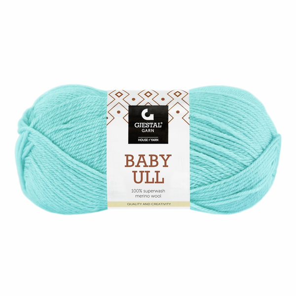 Gjestal Baby Ull 8546 Karibisk blå Indhold: 100% superwash merinould Vægt/længde: 50 g = ca. 165 meter Anbefalede pinde: 3.00 mm Strikkefasthed: 10 cm = 28 m Vask: Uldvask 40°C / Brug vaskemiddel til uld/silke / Brug ikke skyllemiddel / Tørres fladt..