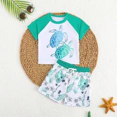 Baddräkt med kort ärm för babypojke, sköldpaddstryck, kontrastfärgad raglan - Grön (6-9M,9-12M,12-18M,18-24M,2-3Y)
