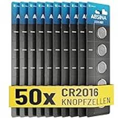 ABSINA CR2016 knappcell 50-pack – CR 2016 knappcell 3 V läckagesäker och lång hållbarhet – batteri CR2016 för bilnycklar, köksvåg UVM – 2016 litium knappcell 3 V, knappbatteri CR2016