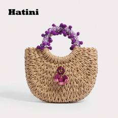HATINI nischdesign 1 st lila ombre tofsberlock, i kombination med bollfranslindad modeväska, söt stråväska, avslappnad strandväska, lämplig för kvinno - Blåröd