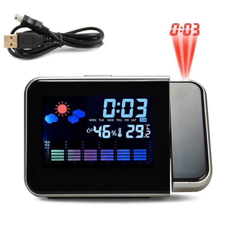 Projektion väckarklocka med väderstation termometer datum display usb laddare snooze led projektion digital klocka - Svart
