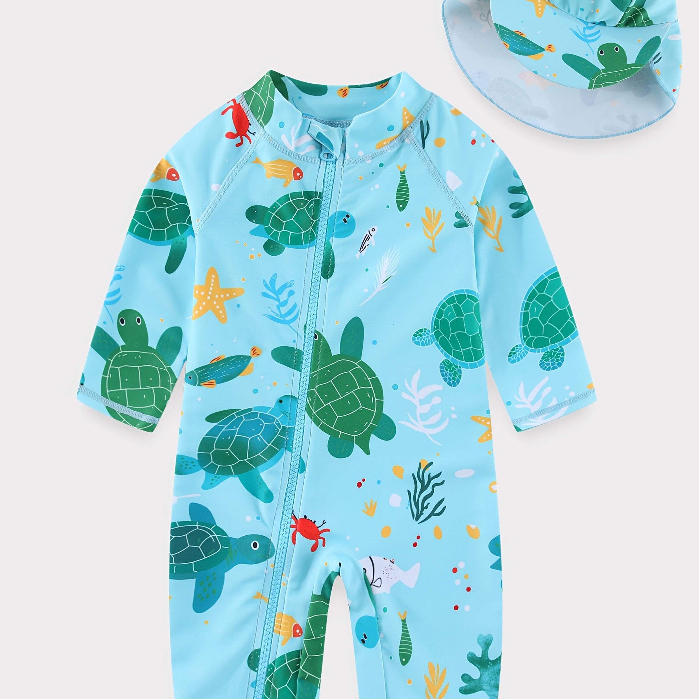 Boys' Summer Turtle Fish School Crab -piece Swimsuit Baby Boy -piece Full Open Zipper One-piece Swimwear With Sun Hat