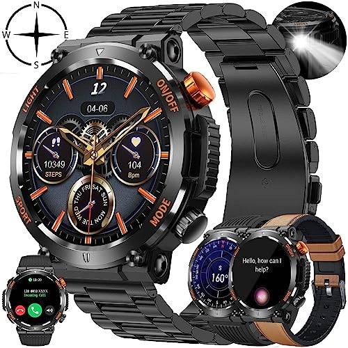 Smartklocka Mäns Smart Watch med Samtal, Fackla, Kompass Vattentät Smart Watch Sport Stegräknare Hjärtfrekvensmätare Blodtrycksmätare Armband Aktivitet 1.46 Cal Digital Klocka för IOS Android (Svart)