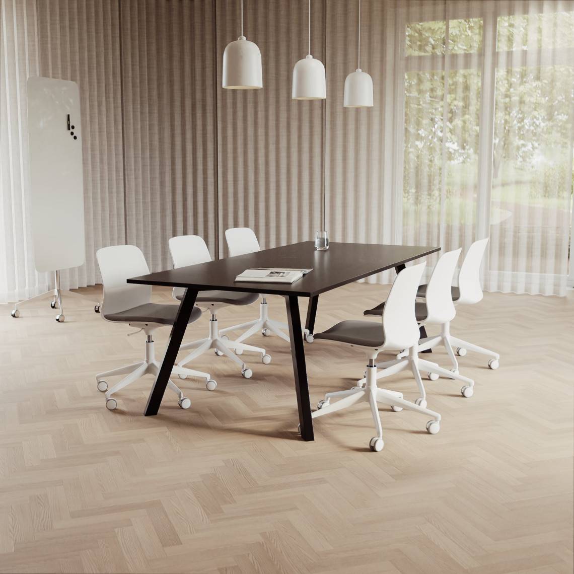 Konferencesæt Viggo + Ergo 006C, Størrelse 6 pladser (220 cm), Bordplade Sort, Understel Sort, Stol Hvid / Lysegrå
