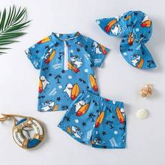 3-delars sommarbadkläder för babypojkar, baddräkt med haj- och bokstavstryck, kortärmad topp med dragkedja framtill, shorts och solskyddshatt - Blå (9-12M,12-18M,18-24M,2-3Y)