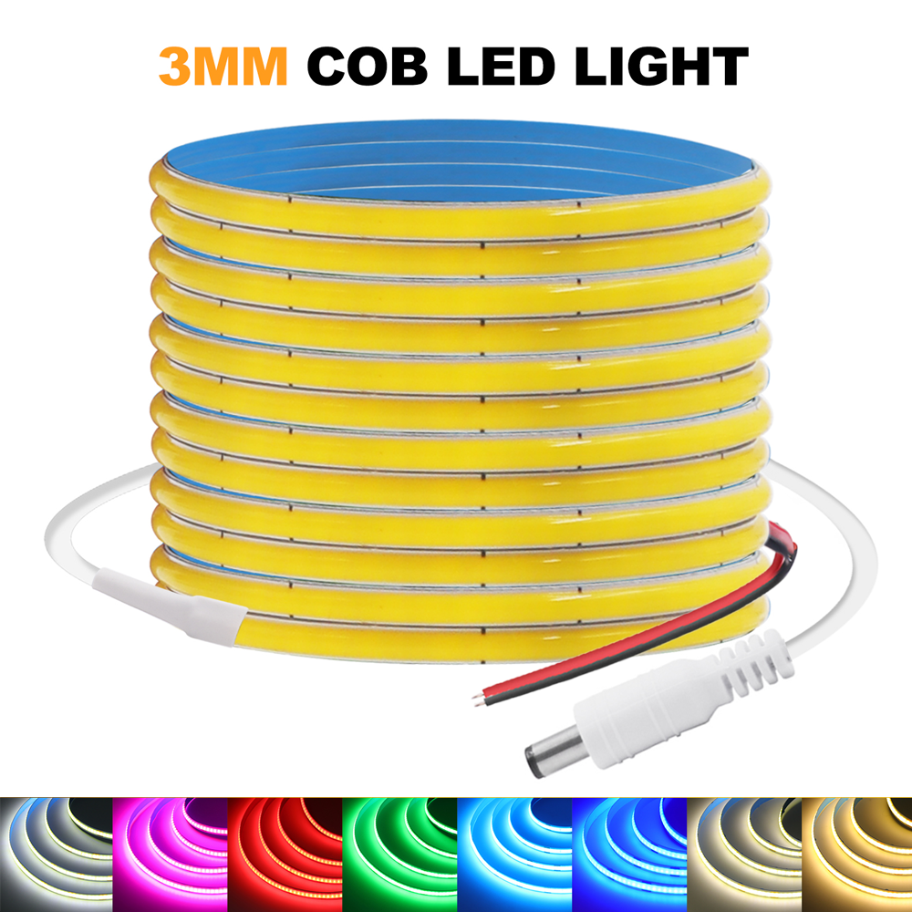 3mm Ultra Thin COB LED Strip Light 5V 12V 320 LEDs/m High Density Flexible Tape Ribbon White/Ice Blue/Pink/Red RA90 Led Lights