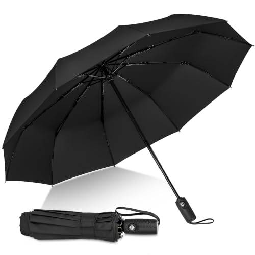 ZOMAKE Regenschirm Taschenschirm Sturmfest, Klein Schirm mit Auf-Zu-Automatik für Herren Damen, 10 Rippen reseparaply med UV Schutz, Svart/ny, L