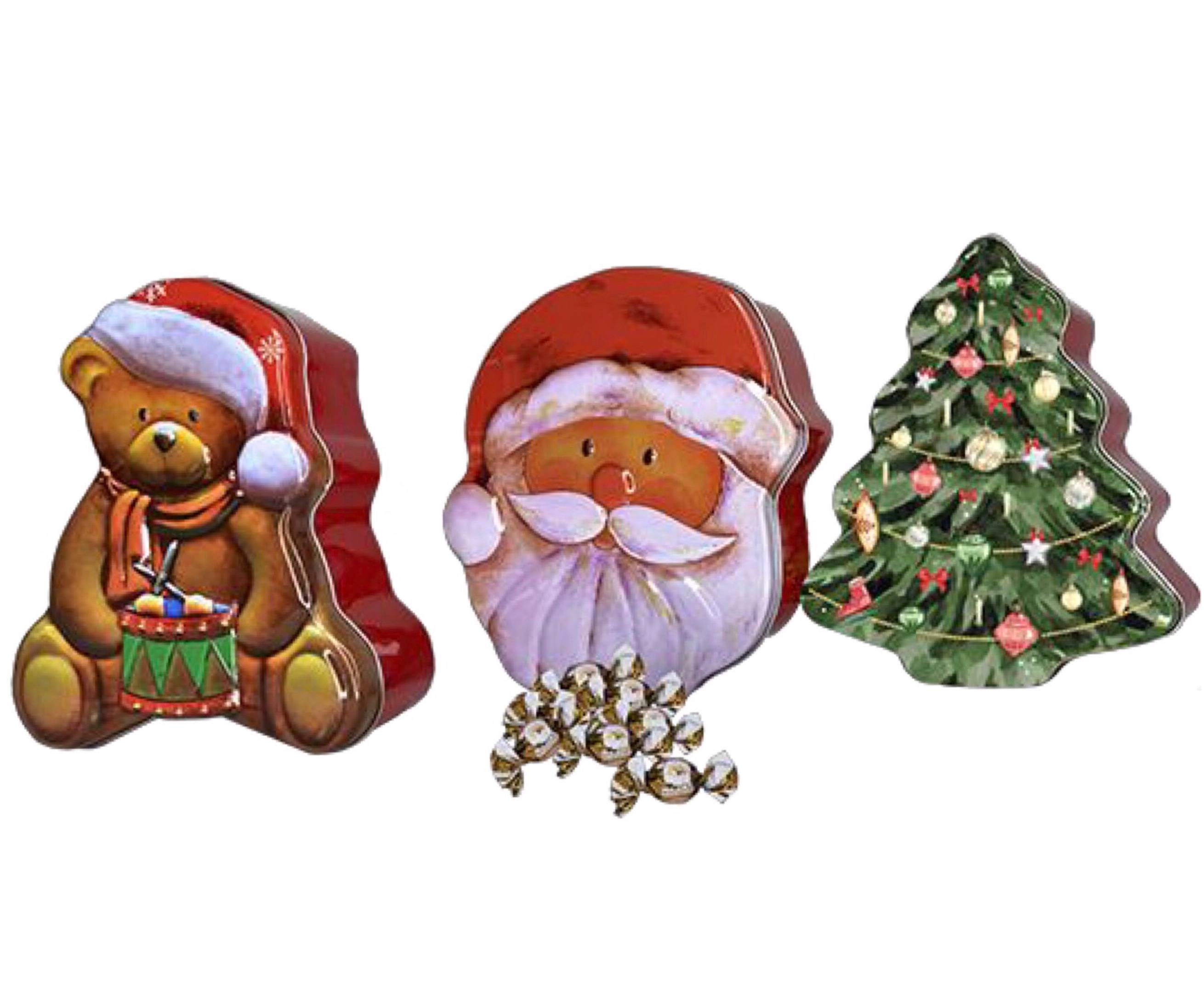 Plåtask med julmotiv fylld med praliner (Tomte)