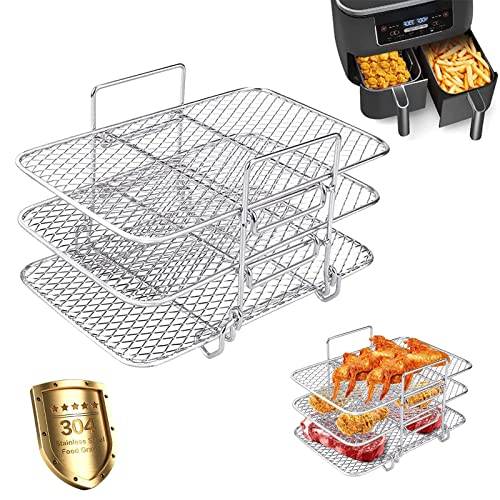LEEWENYAN Luftfritöshylla för Ninja Dual, 3 lager rostfritt stål matlagningsställ, stapelbart torkställning, luftfritös AF300UK AF400UK-tillbehör, grillställ för Ninja/Salter/Torn, dubbel luftfritös