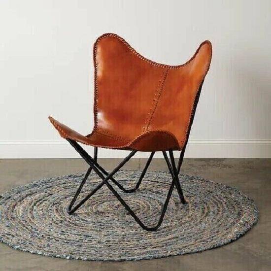Vintage Avslappnad Fåtölj Lounge Accent Handgjord Läder Fjärilstol Vikbar brun/solbränna