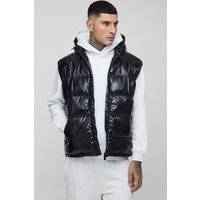 Mens Black Tall Regular Fit High Shine Quilted Hooded Puffer Gilet