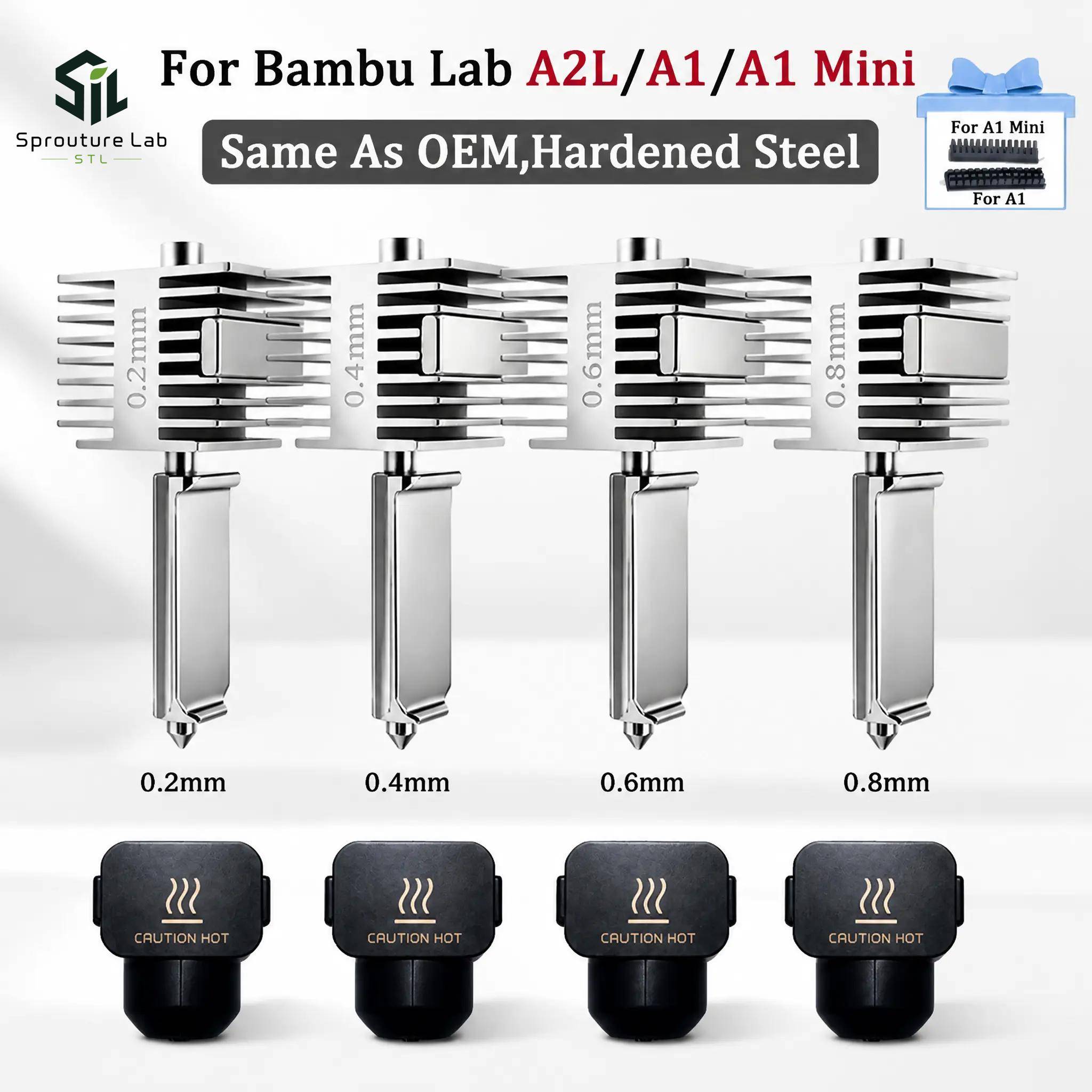 Hotend Kit For Bambu Lab A2L/A1/A1 Mini Hot End Assembly 0.2/0.4/0.6/0.8mm Hardened Steel One-Piece Nozzle For A1 3D Printer