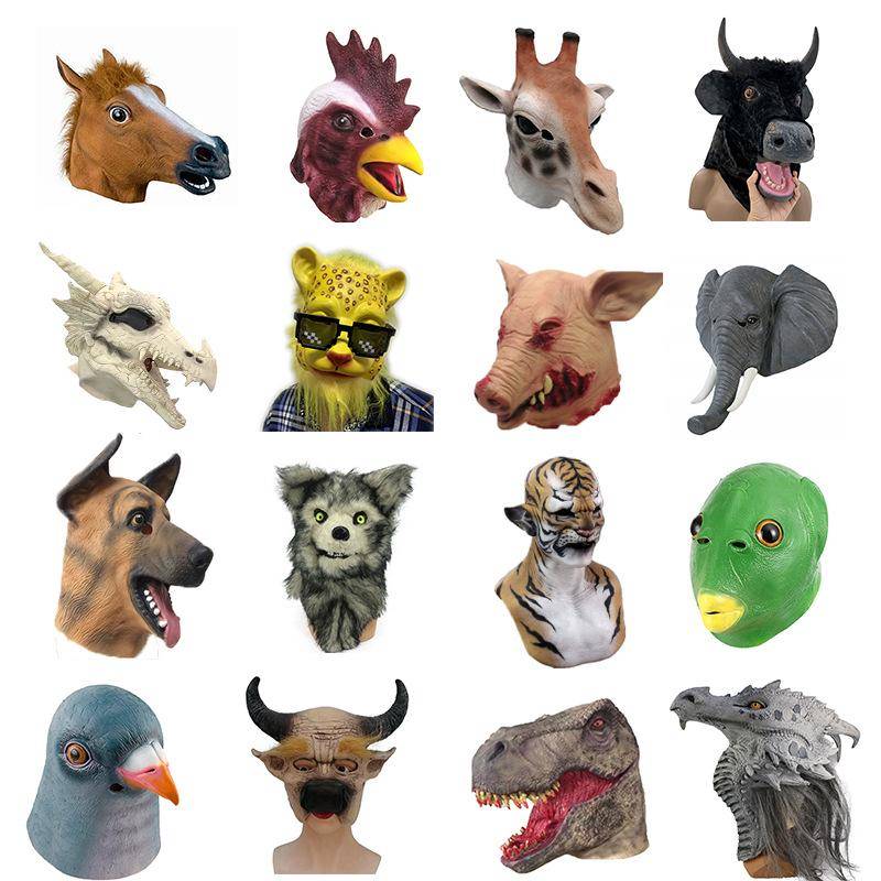 Djurmasker i latex: Gris, Leopard, Tiger, Elefant, Kanin, Häst, Tupp Huvudbonad gray