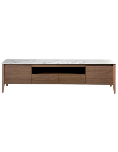 Tvbord med 2 skabe og 2 skuffer i glas og valnøddefinér H51 x B200 x D45 cm - Valnød/Hvid marmor