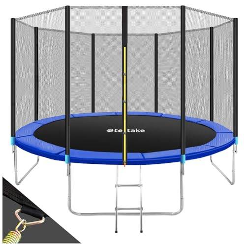 tectake® Studsmatta med skyddsnät, stege & kantskydd - utomhus/inomhus studsmatta för barn & vuxna, starka stålfjädrar, vadderade nätstolpar, enkel montering - 366 cm