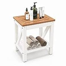 COSTWAY BA7863CFDE Duschbänk, badrum, sittbänk med hylla som kan belastas upp till 150 kg, vattentät badrumsbänk, duschstol, för vuxna, brun + vit (43 x 32 x 47 cm)