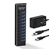 RSHTECH Active USB 3.0 Hub med 10 Gbps strömförsörjning Aluminium 10 Port USB 3.1/3.2 Gen 2 Hub, med 36W(12V/3A) Strömadapter och Individuella Strömbrytare, 2 kablar (Typ C och Typ A), RSH-A10S