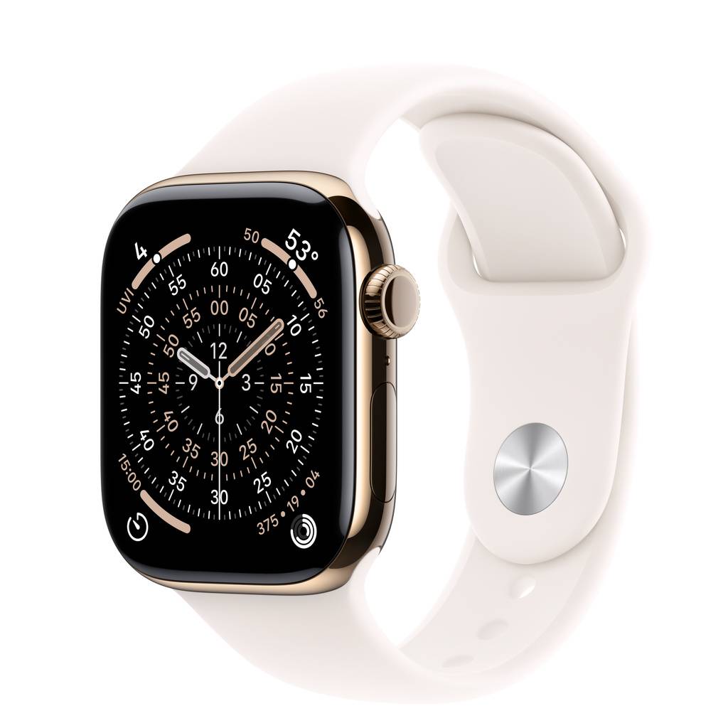 Apple Watch Series 11 (GPS + Cellular) • Titanboett guld, 42 mm • Sportband rosé – S/M