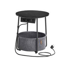 Rundt Sidebord med Ladestation, Sofabord, Usb-porte, Moderne Natbord, Ebony Black-slate Grey