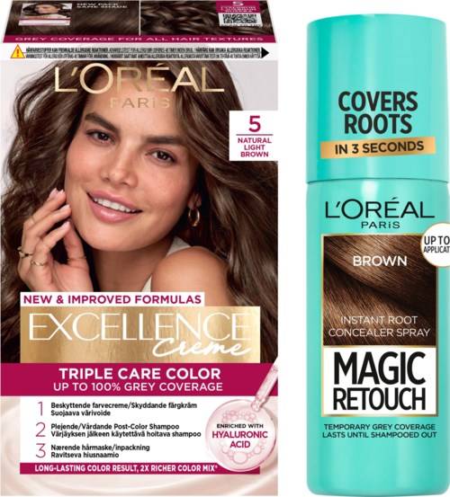 Loreal Paris Bundle Excellence 5 Natural Light Brown & Magic Retouch Roots 3 Brown 75 ml